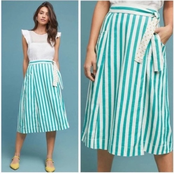 Anthropologie Maeve Turquoise White Striped Linen Rayon Wrap Skirt